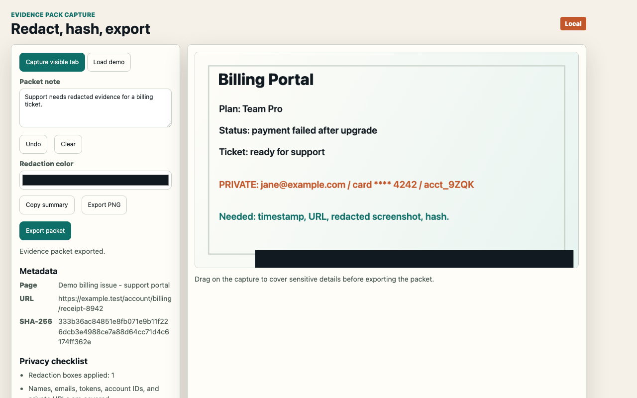 Evidence Pack Capture popup showing a local redaction canvas and export controls